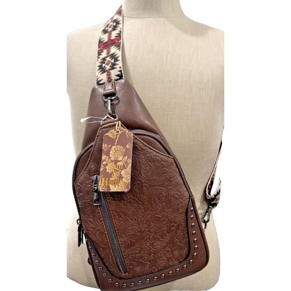 Sam & Hadley Cross Body Bag, Brown with Multi Color Strap